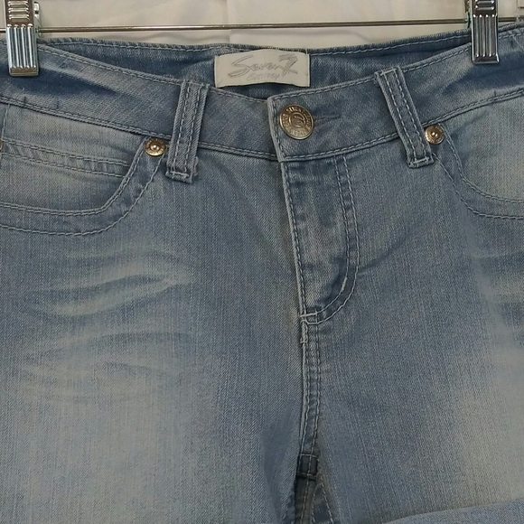 Seven7  Blue Light Wash Whiskering Mid Rise Zip Up Cuffed Hem Denim Jean Shorts - Picture 2 of 11